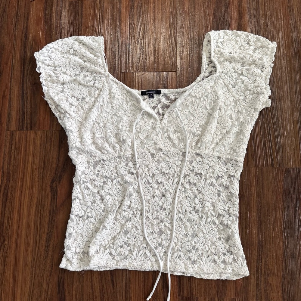 Ambiance Women's 2X Floral Lace Coquette White Puff Sleeve Romantic Y2K Top